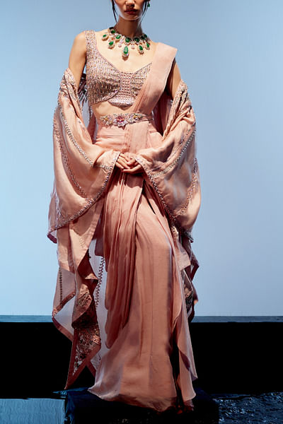 Peach pink pre-drape sari set