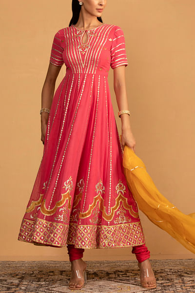 Peach pink stripe gota work anarkali set
