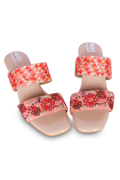 Peach resham embroidery block heels