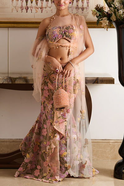 Peach ruffle pre-draped skirt sari set