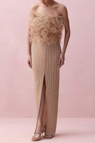 Peach ruffled top and slit skirt