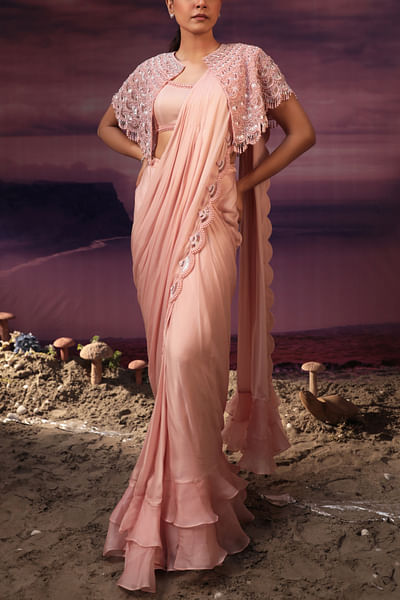 Peach scallop embellished sari and cape set