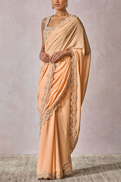 Peach scallop pearl embroidered sari set