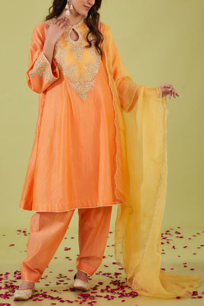 Peach short kalidar kurta salwar set