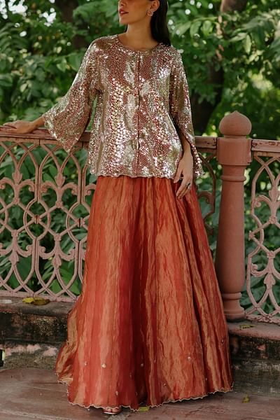 Peach silk embroidered lehenga set