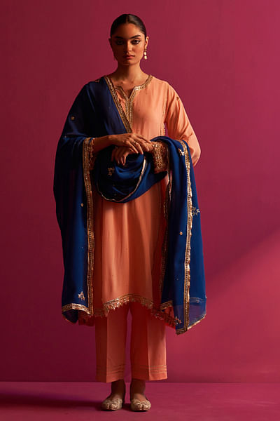 Peach tilla and gota embroidered kurta set
