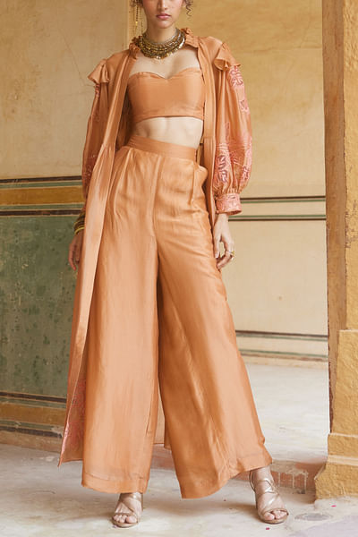 Peachy orange floral cutwork jacket set