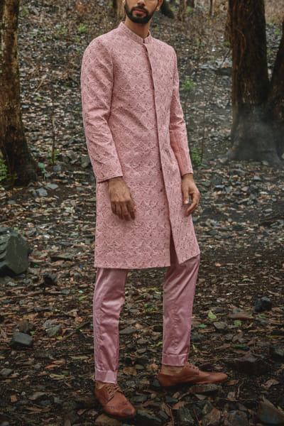Peachy pink geometric embroidered sherwani set