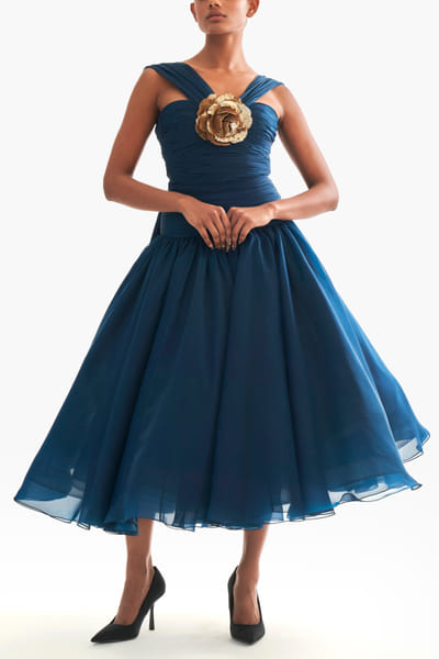 Peacock blue drop waisted midi dress