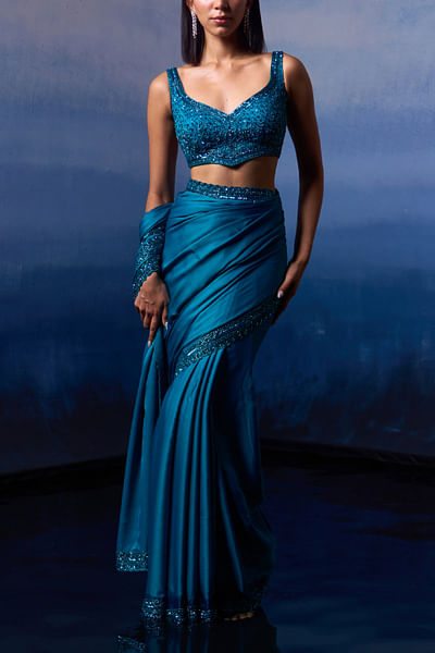 Peacock blue sequin embroidered sari set