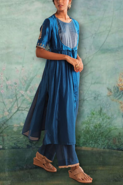 Peacock blue stripped kurta set