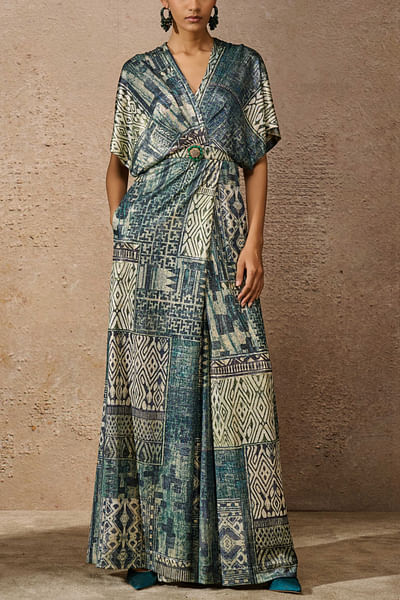 Peacock printed foil jersey jumpsuit