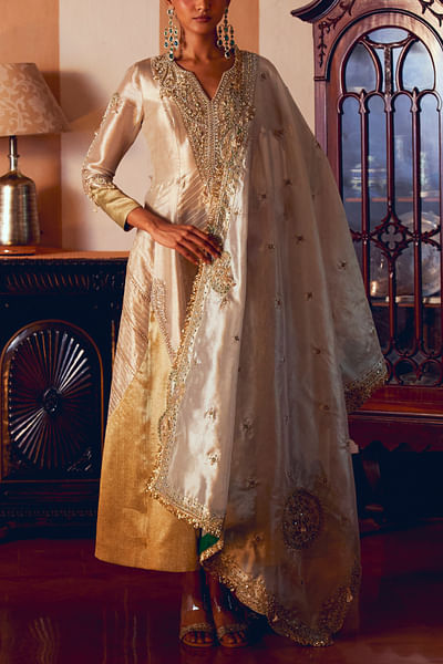 Pearl gold paisley zari embroidery anarkali set