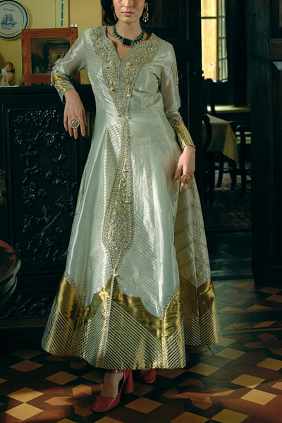Pearl gold zari embroidered anarkali set