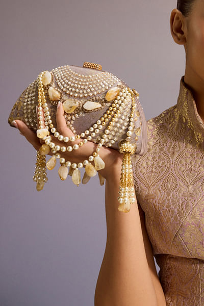 Pearl grey Swarovski pearl embellished clutch