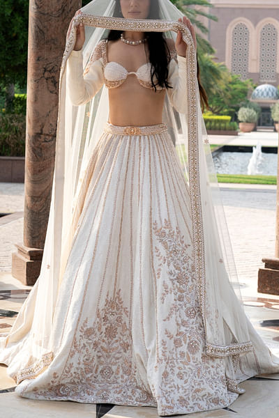 Pearl white floral embroidery lehenga set