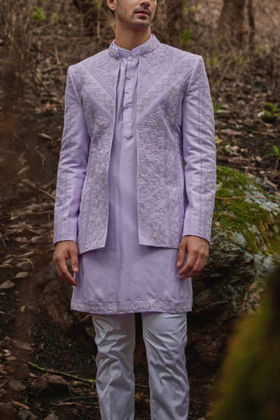 Periwinkle lilac embroidered jacket kurta set