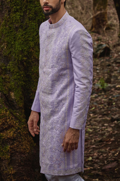 Periwinkle lilac floral embroidery sherwani set