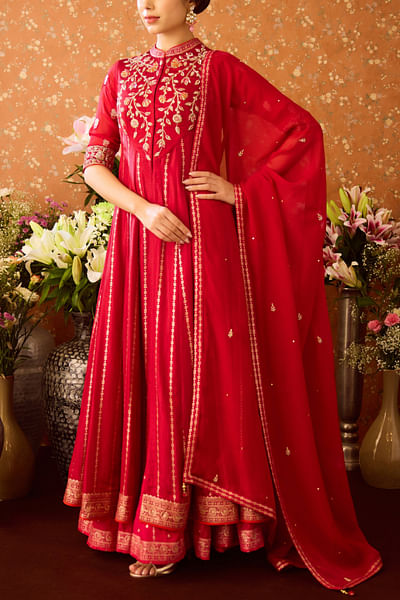 Persian maroon floral embroidered anarkali set