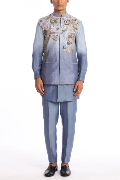 Pewter blue floral embellished bundi kurta set