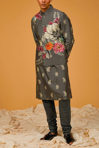 Pewter floral printed bandi and kurta set