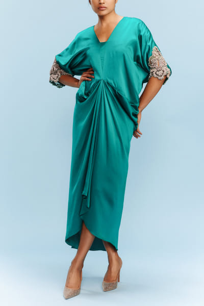 Dolly J Pine green embellished draped kaftan dress DOLJUL24D101