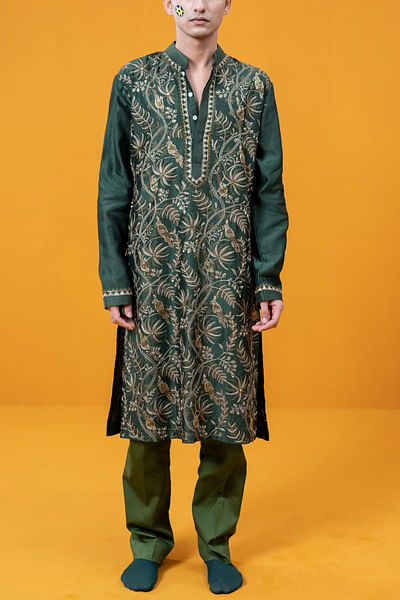 Pine green parrot aari embroidered kurta set
