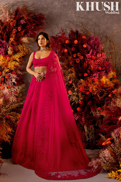 Pink 3D floral embroidery lehenga set