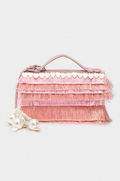 Pink 3D heart detail fringed clutch