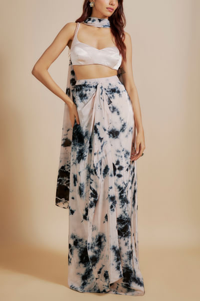 Pink and black shibori draped skirt set