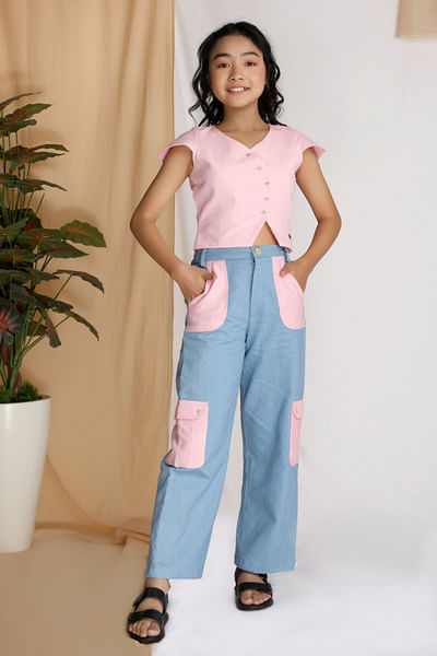 Pink and blue asymmetric top and pants