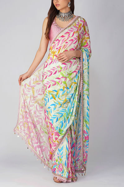 Pink and blue leaf print pre-stitched sari set