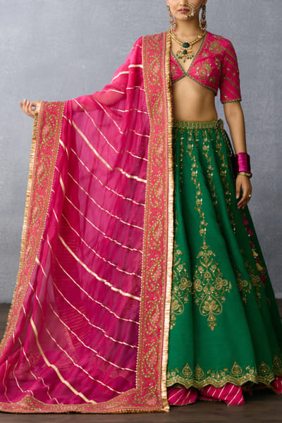 Pink and green embroidered lehenga set