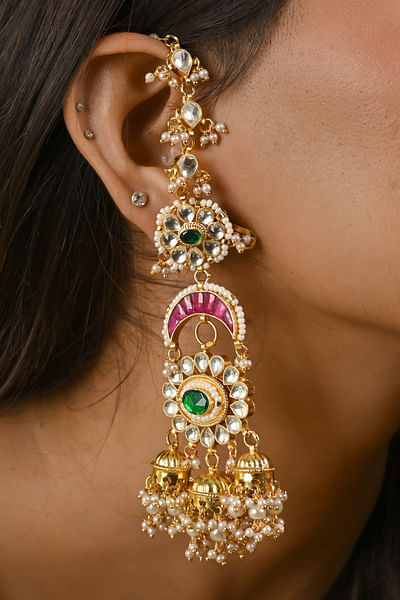 Pink and green extension chandelier earrings