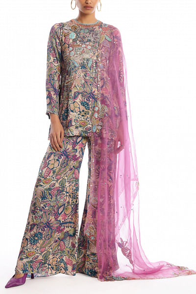 Pink and green floral print embroidered kurta set