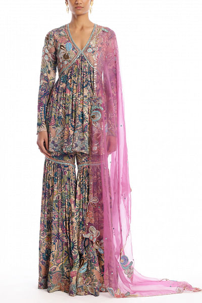 Pink and green floral printed gharara set