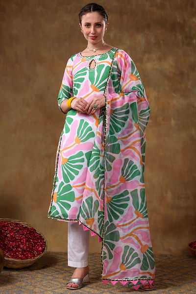 Pink and green floral printed kurta set
