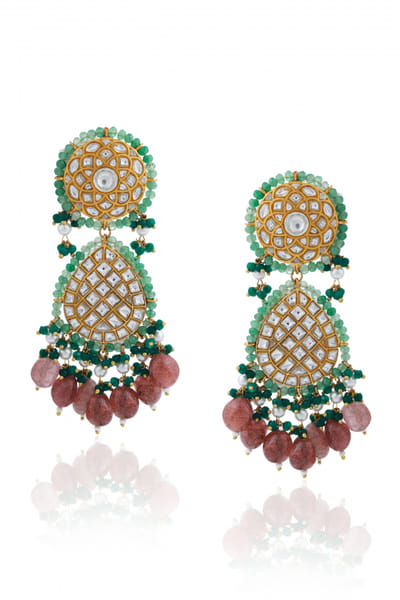 Riana Jewellery Pink and green jadtar jadau earrings RJEMAY24D1007