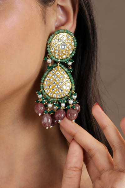 Riana Jewellery Pink and green jadtar jadau earrings RJEMAY24D1007