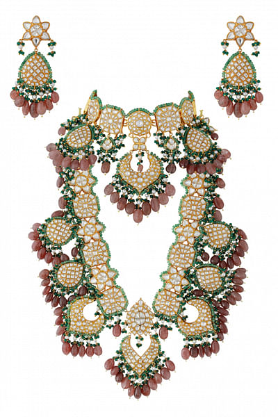 Pink and green jadtar layered necklace set