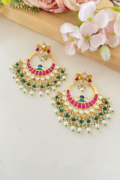 Namasya Pink and green kundan and pearl chandbalis NAMAUG24D204