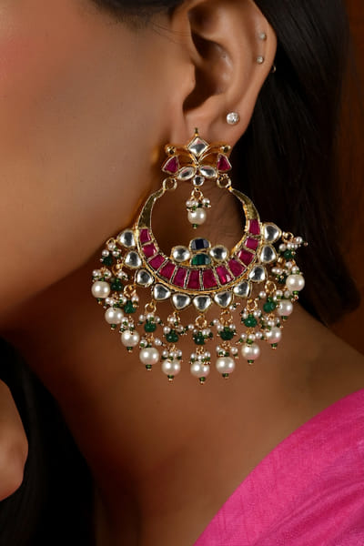 Namasya Pink and green kundan and pearl chandbalis NAMAUG24D204