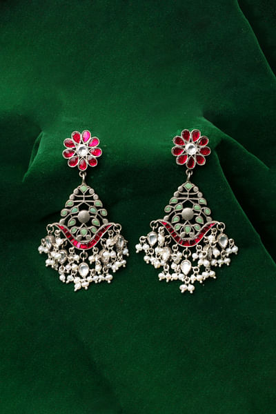 Pink and green kundan earrings