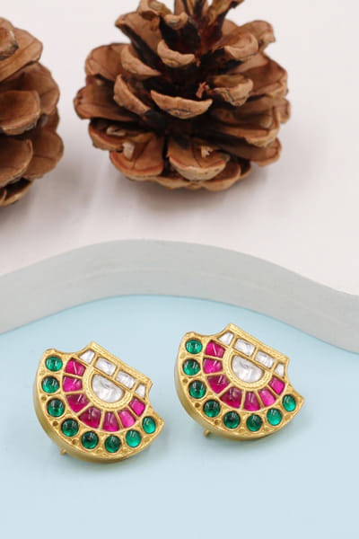 Pink and green kundan embellished earrings