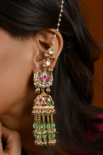 Pink and green kundan extension jhumkas
