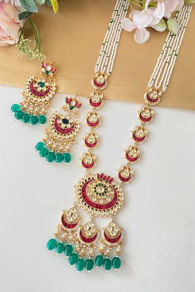 Namasya Pink and green kundan necklace set NAMAUG24D210