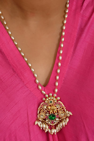 Pink and green kundan necklace set