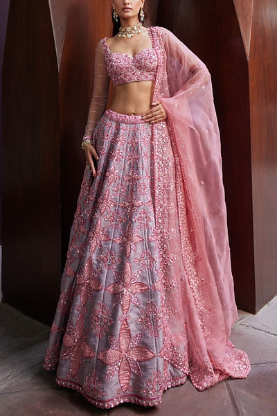 Pink and grey embroidered lehenga set