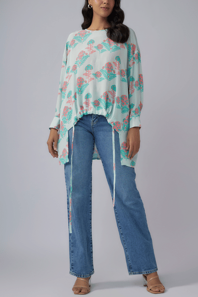 Pink and ivory floral printed tie-up tunic