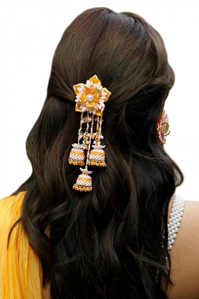 Pink and mango floral pearl bead jhumka hair clip